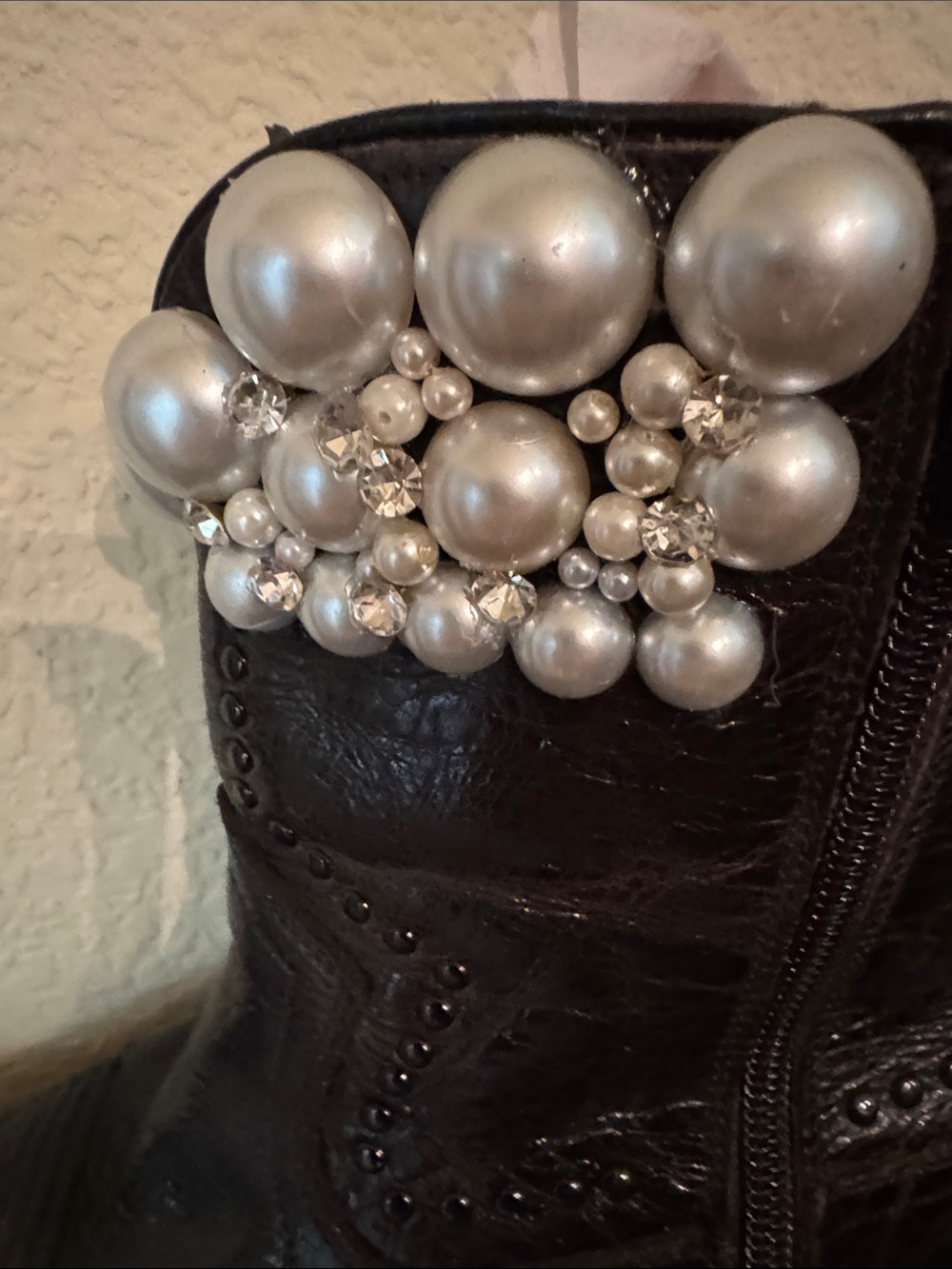 Pearl Black Leather Heeled Boots with Pearl and rhinestone Embellishment - Picture 5 of 6